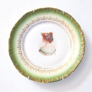 Carl Tielsch Plate Woman Portrait Green Gold Border CT Germany Has Tiny Flaws